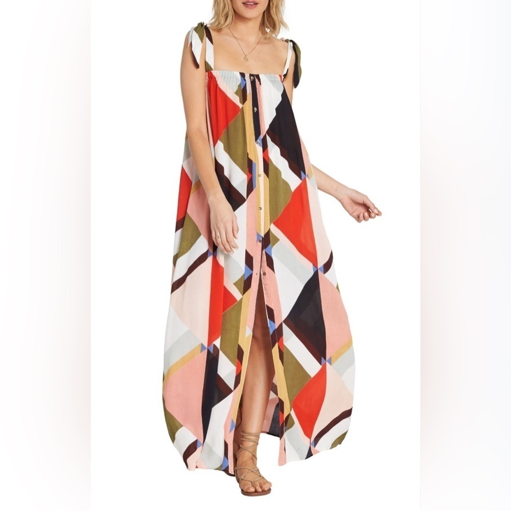Billabong Rainbow Gate Maxi Boho Beachy Geometric Flowy Resort Dress Size M
